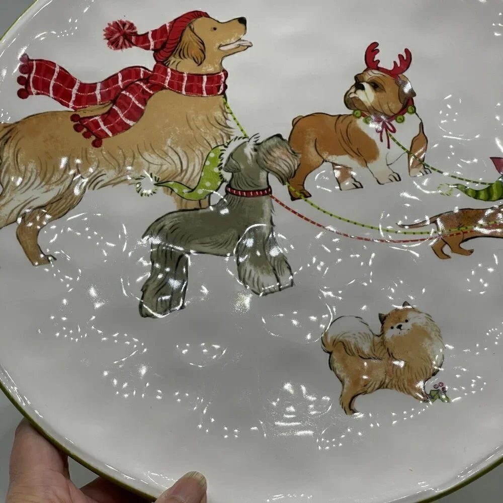 Pier 1 Park Avenue Puppies Christmas Cake Hand Painted Ironstone Dessert Stand